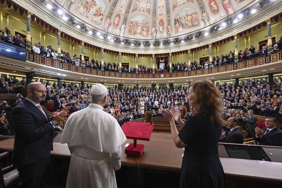 Pope Leo XIV receives applause after delivering a speech to a joint session of the Spanish Parliament at the Congress of Deputies in Madrid on June 8, 2026.
