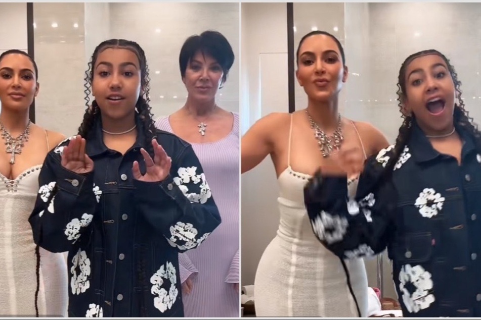 Kim Kardashian (l.) and North West dropped another classic TikTok featuring Kris Jenner (c.) from their family-filled Easter celebration.