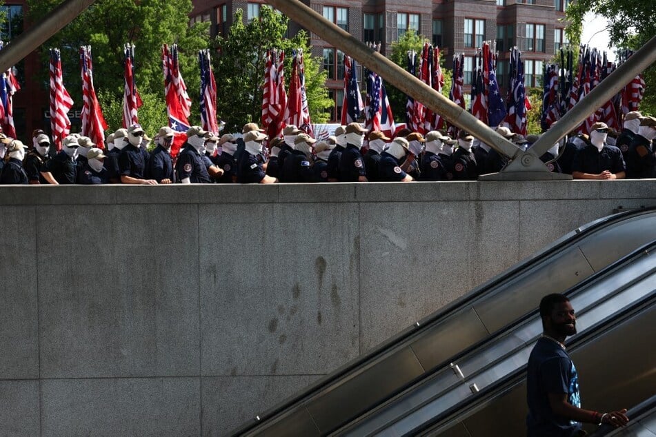 Members of the white supremacist group Patriot Front gather at Eastern Market metro station on July 4, 2026 in Washington, DC.