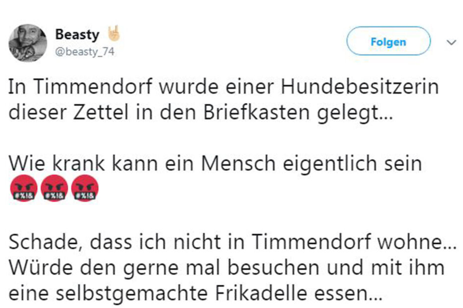 Hier der Kommentar des Twitter-Users "beasty_74", welcher die Botschaft auf Twitter hochlud. Auch er hat eine ganz spezielle Meinung zu der Androhung des Unbekannten.