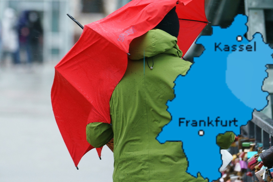 Ein Mann im Regen auf dem Eisernen Steg in Frankfurt: Der Dienst Wetteronline.de (Grafik) geht am Freitag von einem erhöhten Niederschlagsrisiko in weiten Teilen von Hessen aus. Der Deutsche Wetterdienst (DWD) warnt vor Glatteis-Gefahr.