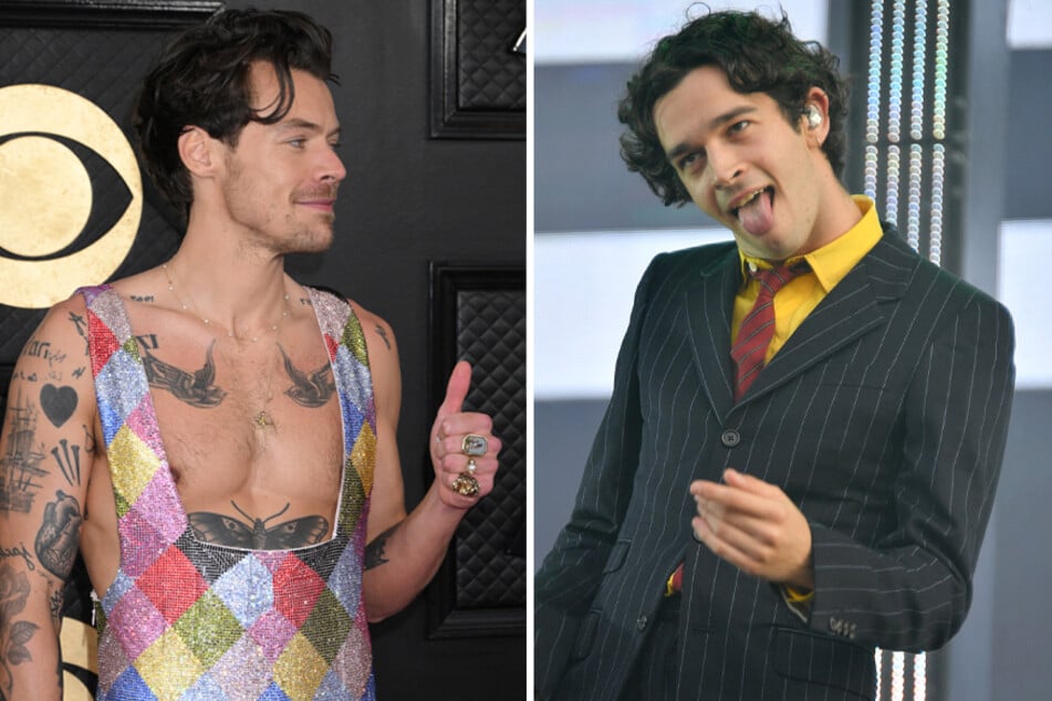 Matty Healy (r) is getting heat for labeling Harry Styles a queerbaiter, along with making other offensive and racist remarks.