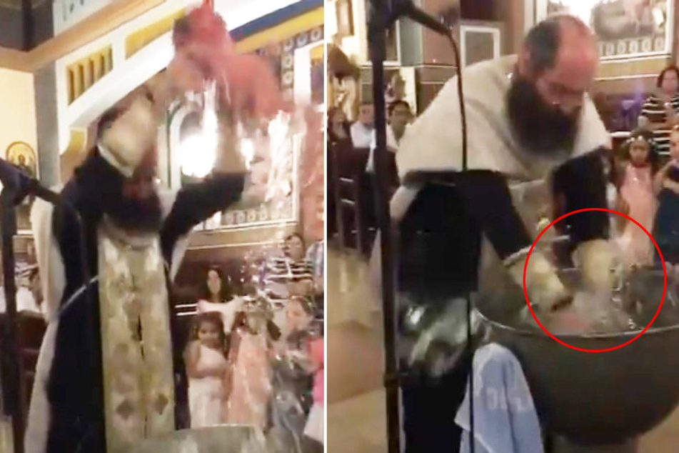 Der Bischof taucht das Baby in rasender Geschwindigkeit dreimal ins Taufbecken.