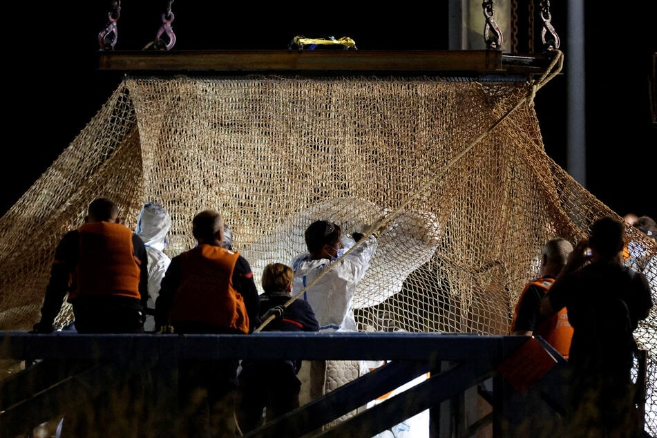 Rescuers watch as the beluga whale is pulled from the Seine River with a huge net.