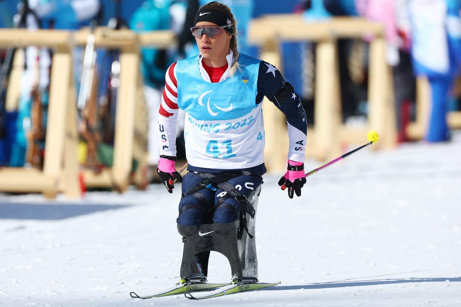 Oksana Masters during biathlon practice before the Beijing 2022 Paralympic Winter games.