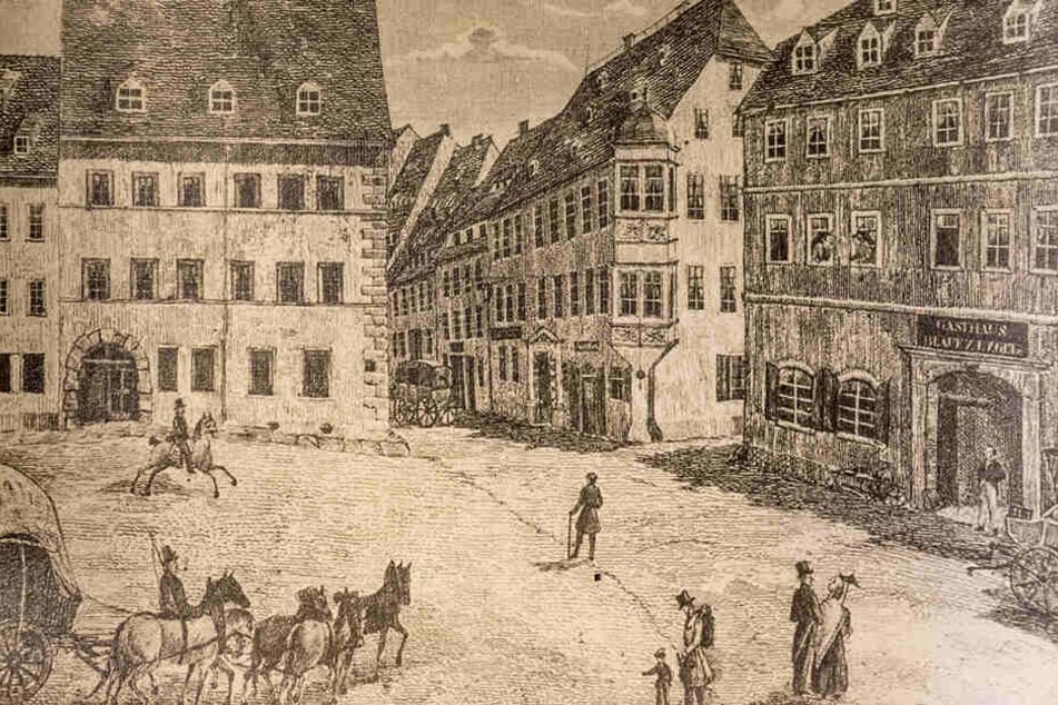 Alte Stadtansicht: Im Hotel Blauer Engel (r.) übernachtete Johann Wolfgang von Goethe im Jahr 1810.