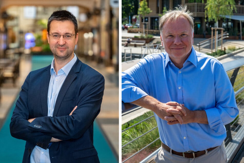 Die OB-Kandidaten Eric Recke (39, BSW, l.) und Dirk Thärichen (56, parteilos) verurteilten die Attacke.