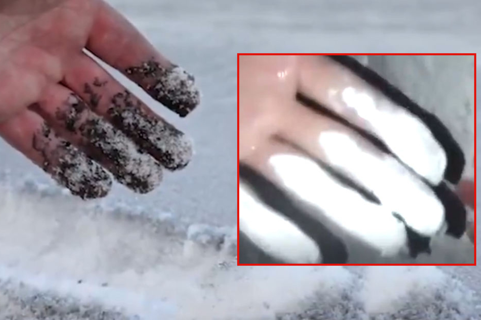 Dreckig statt weiß: In Sibirien wurde der schwarze Schnee mit weißer Farbe überpinselt.