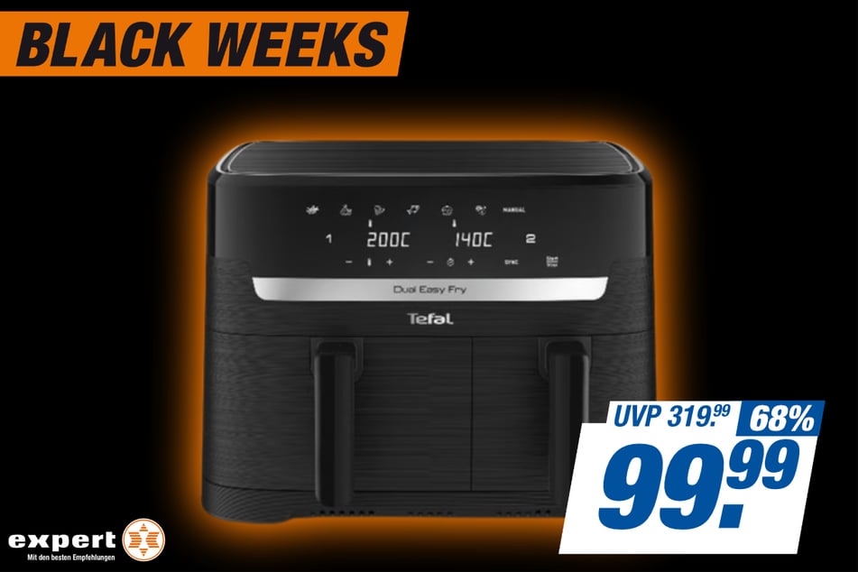 Tefal-Doppel-Heißluftfritteuse EY901N Dual Easy Fry Essential
für 99,99 statt 319,99 Euro.