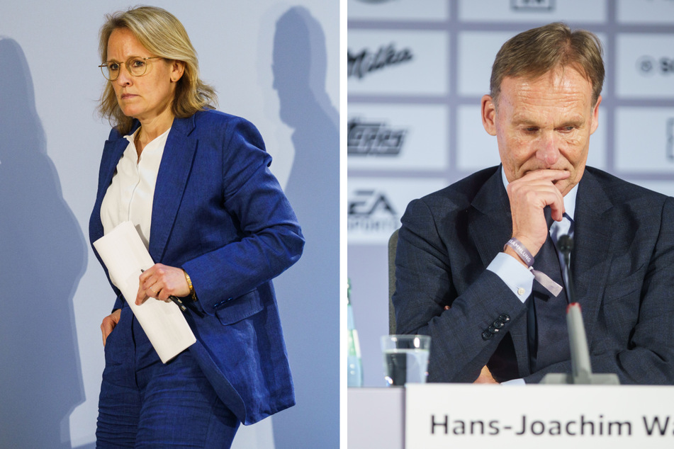 DFL-Chef Hans Joachim Watzke (63, r.) hat eine feststehende Beteiligung eines Investors an der Deutschen Fußball Liga dementiert, verwies allerdings darauf, dass Donata Hopfen (46) diesbezüglich die richtige Ansprechpartnerin sei.