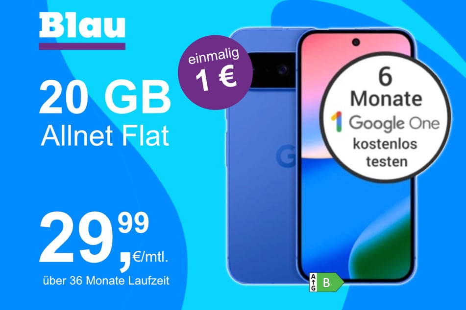 Das Google Pixel 10 im Blau Allnet M für einmalig 1 Euro.