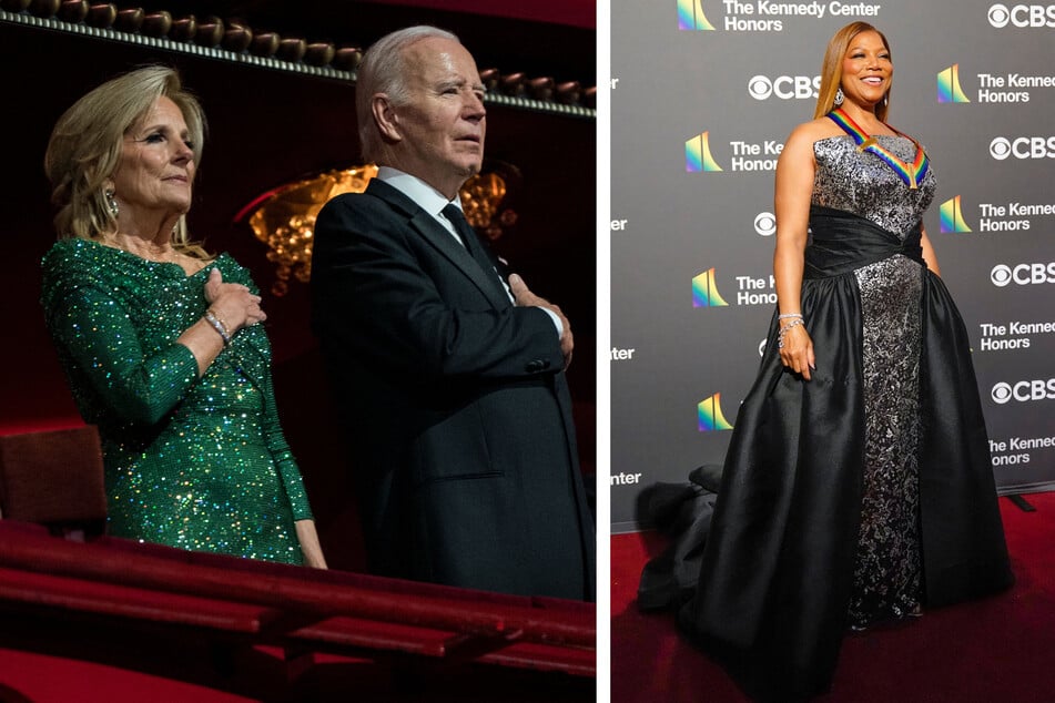 First Lady Jill Biden (l.) and US President Joe Biden stand for the National Anthem during the 46th Kennedy Center Honors gala on Sunday, where Queen Latifah (r.) became the first woman in hip-hop to receive the honor.