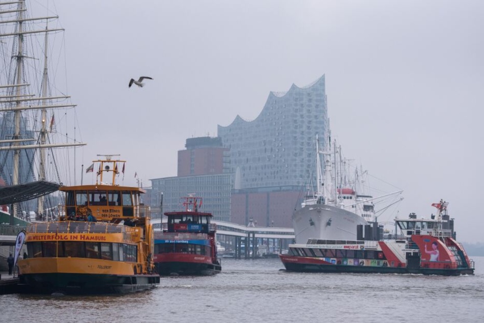 Fähren fahren bei trübem Wetter im Hafen auf der Elbe.