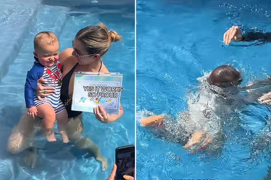... doch bereits wenige Sekunden später drehte sich das Baby auf den Rücken - und absolvierte mit Bravour den Schwimmtest.