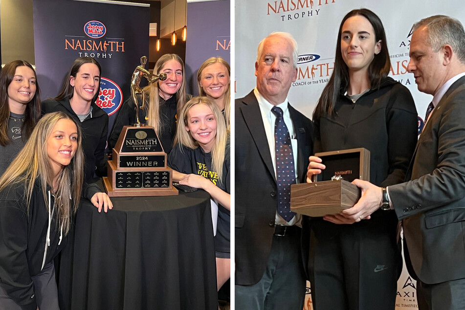 Iowa Hawkeye legend Caitlin Clark (second from r.) has clinched the Naismith National Player of the Year Award for the second consecutive year.