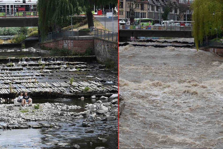 Was für ein Unterschied! Links genießen Sandro und Antonia ihre Mittagspausea in der fast ausgetrockneten Dreisam. Unten sieht man den gleichen Bereich mit Hochwasser im April.