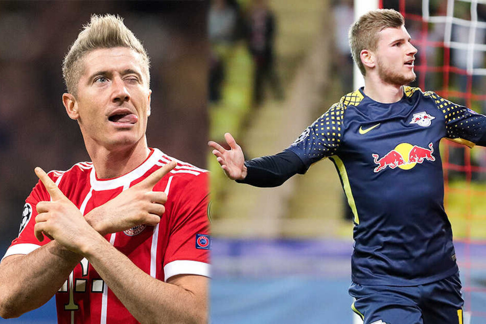 Robert Lewandowski vom FC Bayern (li.) hat laut Ailton einen knappen Vorsprung vor Leipzigs Timo Werner (re.).