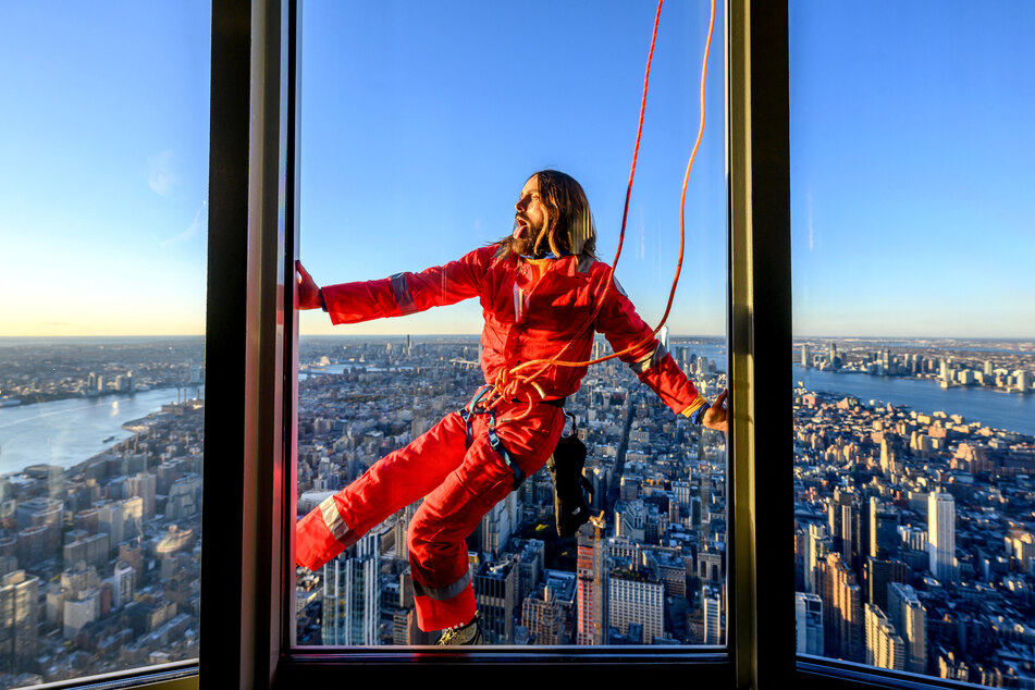 Jared Leto during his climb up the side of the Empire State Building in New York City.