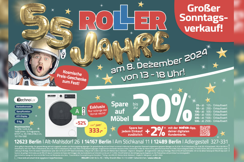 Zum verkaufsoffenen Sonntag (8.12.) gibt's die Technolux Waschmaschine 52 Prozent günstiger.