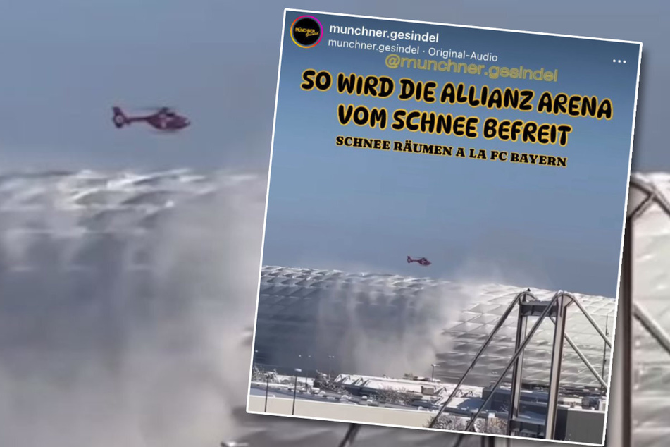 Wer Wind sät, wird saubere Dächer ernten: Über der Allianz Arena wirbelt ein Helikopter Schnee vom Stadiondach.