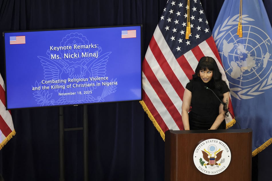 Trinidadian-US rapper Nicki Minaj speaks during the panel discussion "Combatting Religious Violence and the Killing of Christians in Nigeria" at the US Mission to the United Nations in New York City, on November 18, 2025.