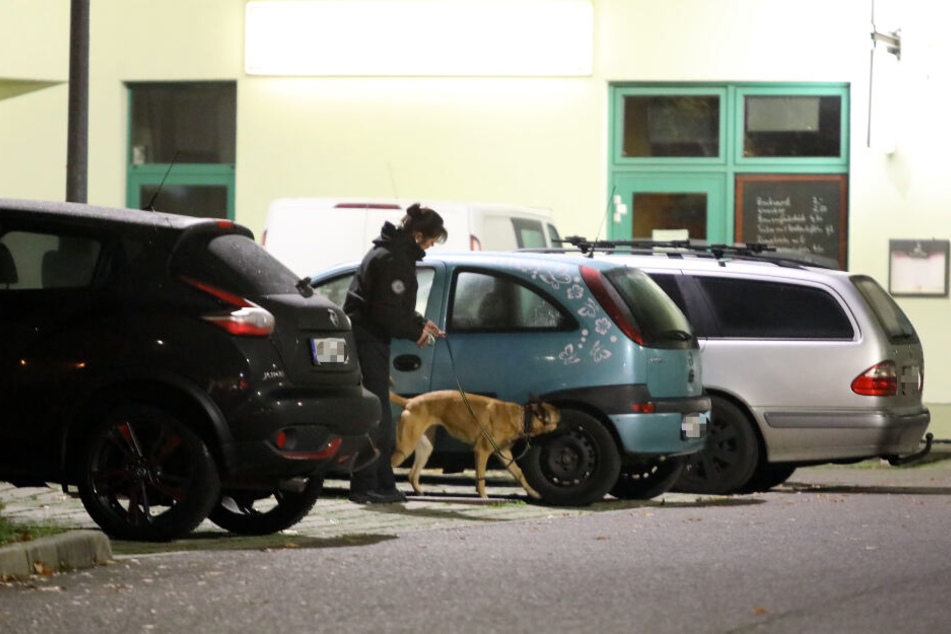 Mit einem Spürhund untersucht eine Polizeibeamtin den Opel Corsa des mutmaßlichen Stalking-Opfers auf weitere "Überraschungen".