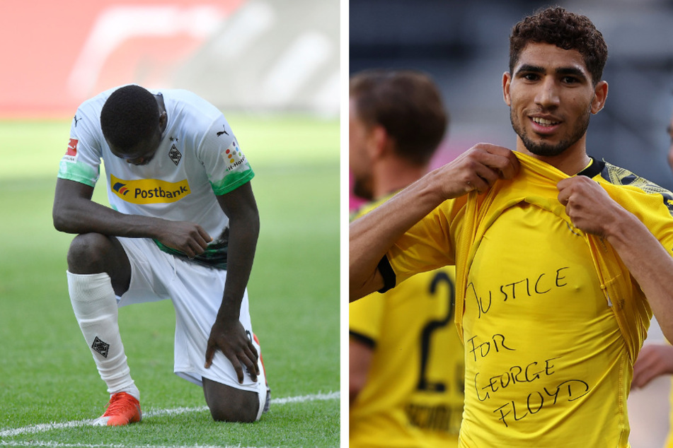 Links kniet Gladbachs Marcus Thuram, rechts Achraf Hakimi vom BVB. Auch er hatte einen Unterzieher, genau wie Jadon Sancho.