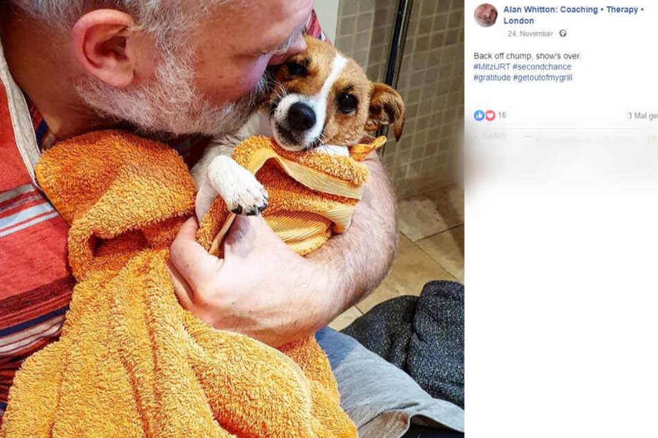 Alan und sein Hund Mitzi. Nach der Aufregung erst einmal eine ausgiebige Dusche!