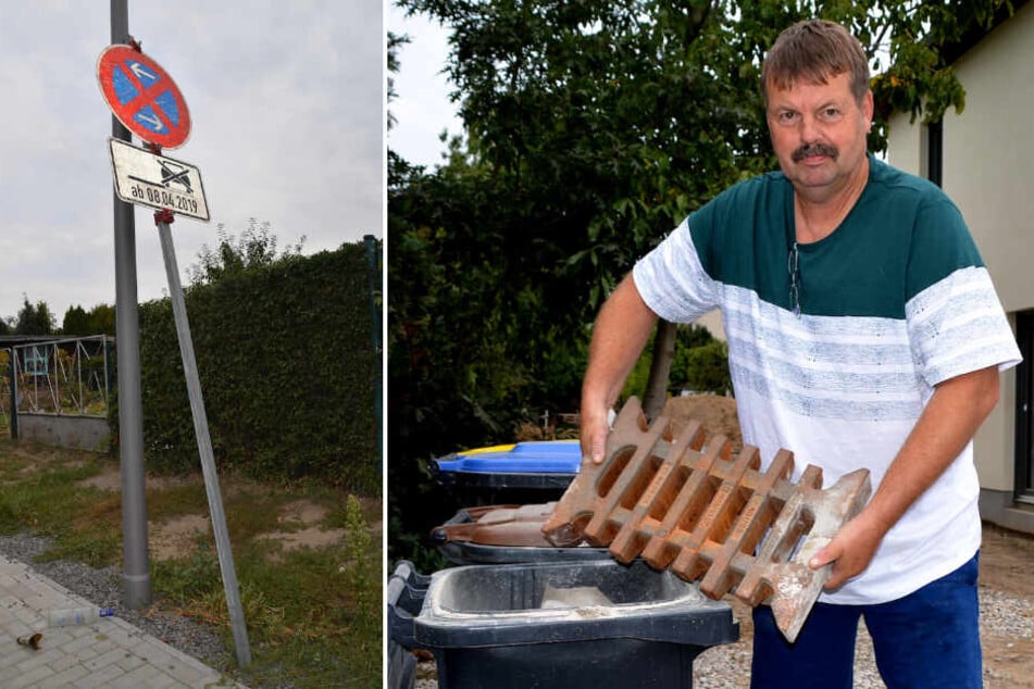 Platzwart Lutz Bunge (61) "fischte" am Sonntagmorgen Gullydeckel aus der Mülltonne.