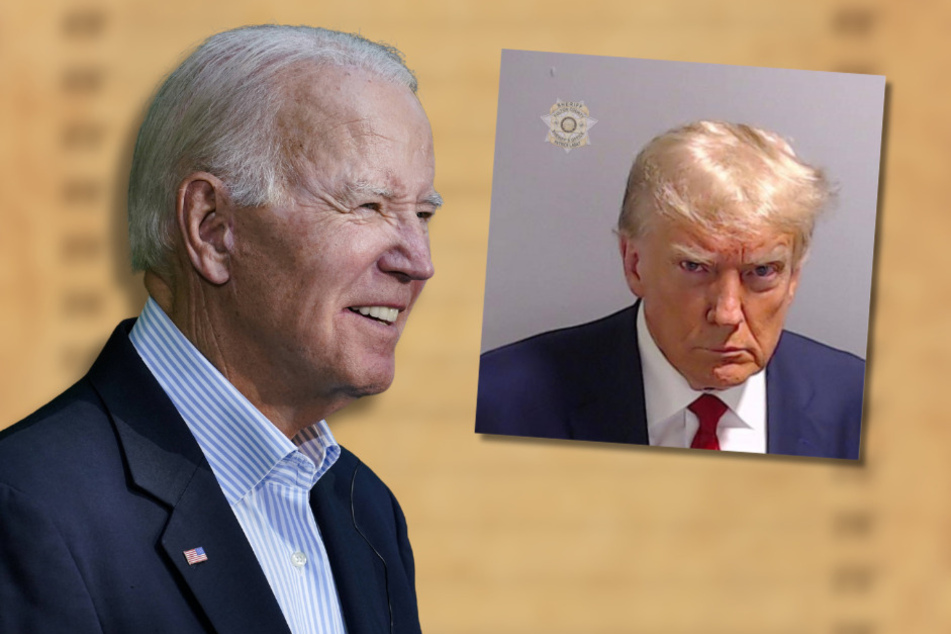 In a shocking and controversial statement, President Biden (l.) said that he thought former President Trump's mug shot was "handsome."