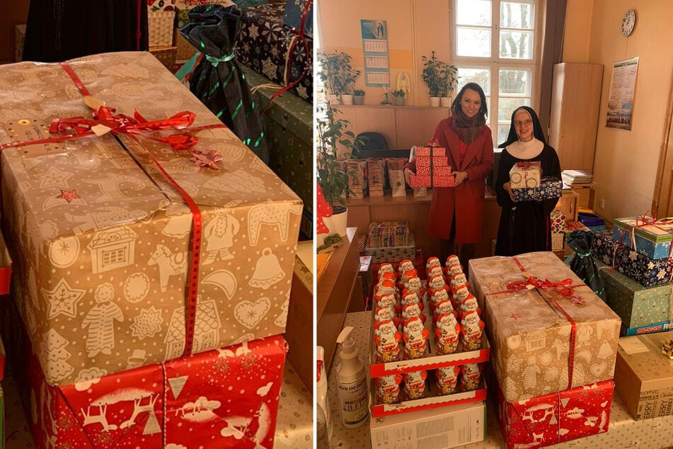 Klaudyna Droske (38,l.) und Schwester Agnieszka vom Kinderheim in Szamotuły mit den Weihnachtsgeschenken, die 2020 für die Kinder und Jugendlichen gesammelt wurden.