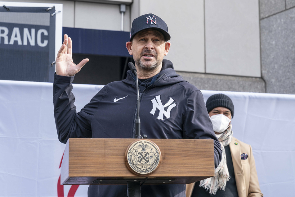 Yankees Manager Aaron Boone speaks at the opening of a mass vaccination site at Yankee Stadium.