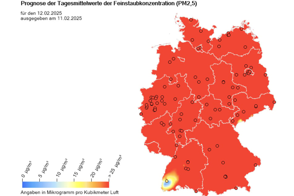 Beinahe im kompletten Bundesgebiet ist die Feinstaubkonzentration zu hoch. Lediglich in der Schwarzwaldregion ist die Belastung noch in Ordnung.