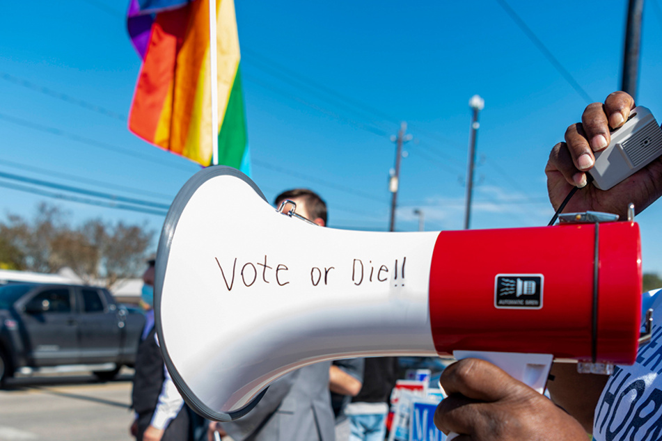 "Vote or Die" appears on the side of a bullhorn outside a polling location in Houston, Texas on November 3, 2020.