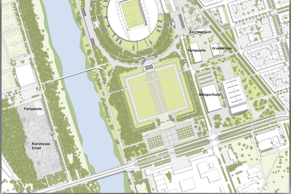 Entwurf vom Februar 2024. Bereits damals war der Bau einer weiteren Ballsporthalle sowie einer Parkpalette vorgesehen. Wohlgemerkt: Die Kleinmesse sollte damals noch erhalten bleiben.
