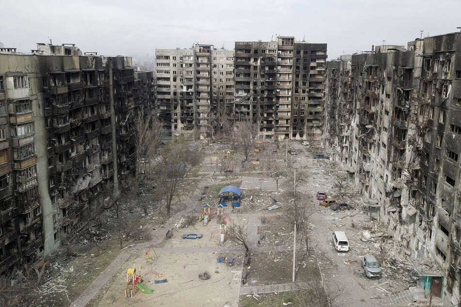 Damage to buildings in the southern port city of Mariupol, Ukraine, during the war in Ukraine.