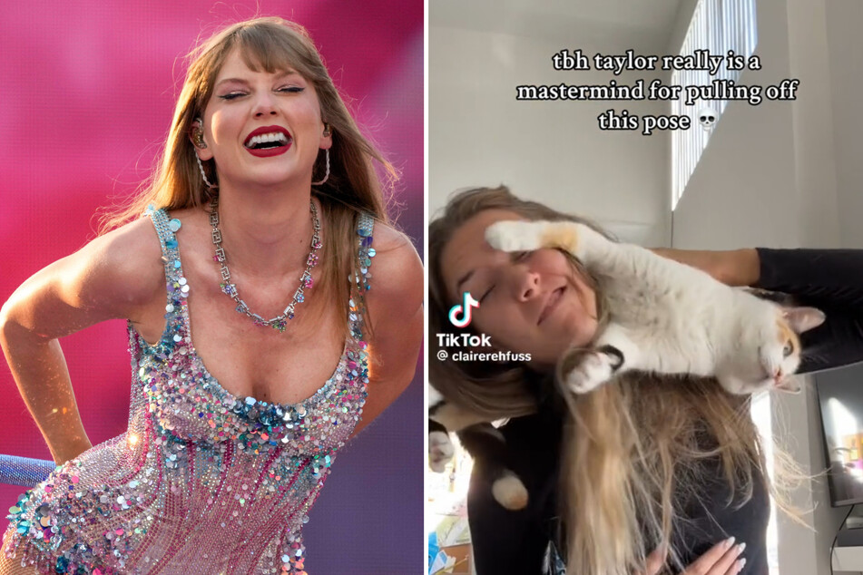 Taylor Swift (l) inspired a viral TikTok challenge where fans posed with their cats in attempt to recreate her recent TIME Magazine cover.