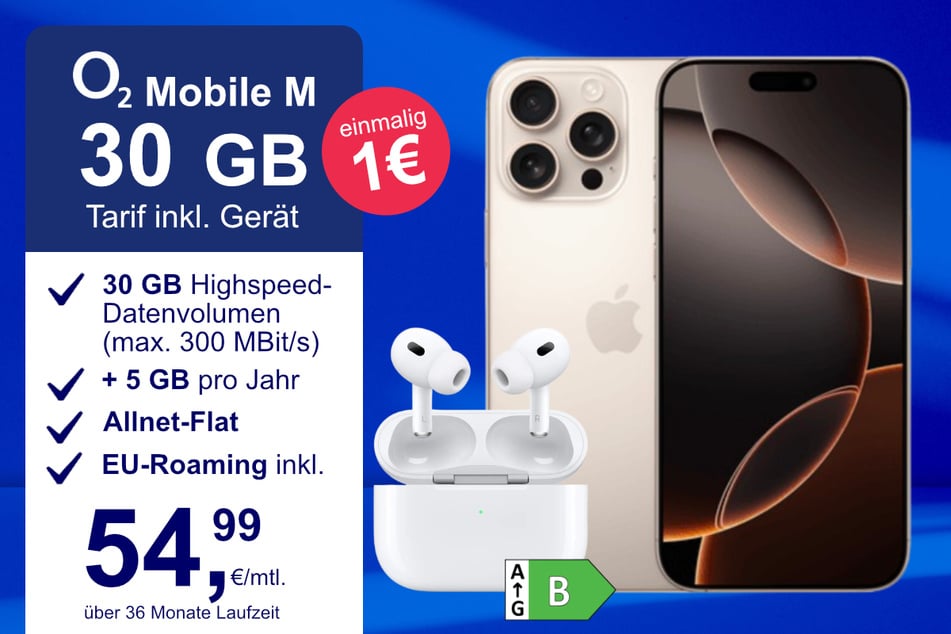 Das iPhone 16 Pro Max + AirPods Pro im o2 Mobile M für einmalig 1 Euro.