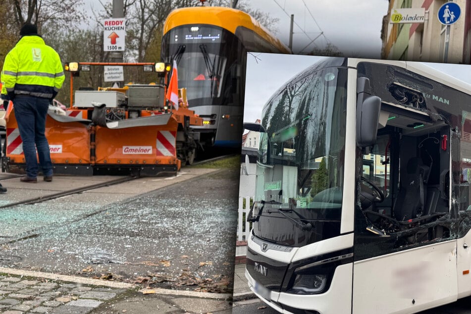 Crash nahe Leipzig: Schneepflug-Tram rammt Linienbus, Kind verletzt