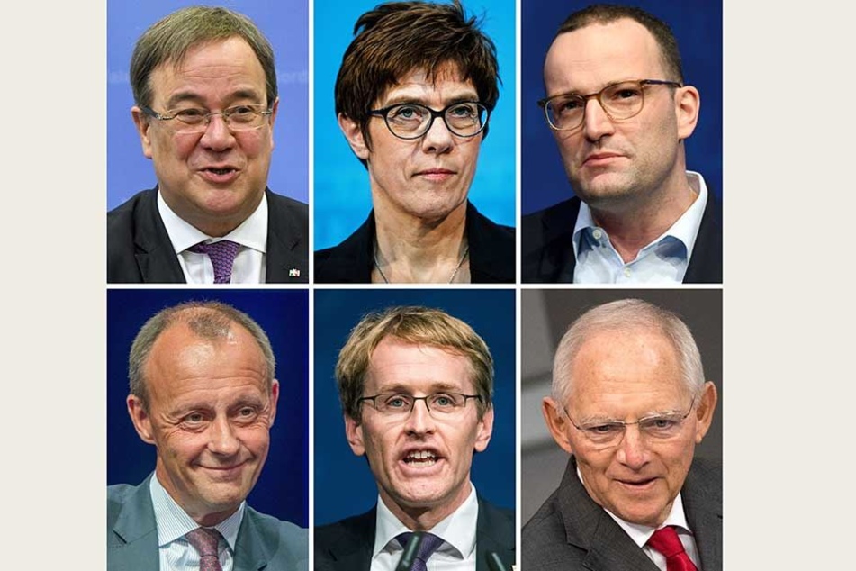Mögliche Kandidaten für den CDU-Vorsitz (im Uhrzeigersinn): Armin Laschet (CDU), Annegret Kramp-Karrenbauer, Jens Spahn, Friedrich Merz, Daniel Günther, Wolfgang Schäuble.