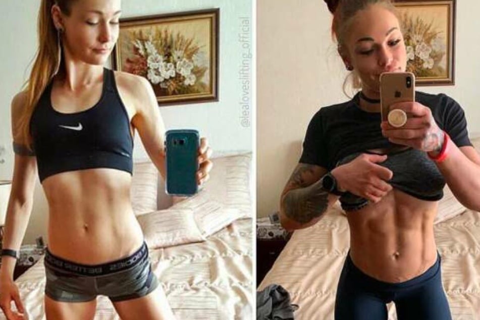 Links mit 56 Kilogramm, rechts mit harten Bauchmuskeln und 72 Kilogramm - Instagram-Fitnessbloggerin Lea hat eine wahnsinnige Transformation hinter sich.