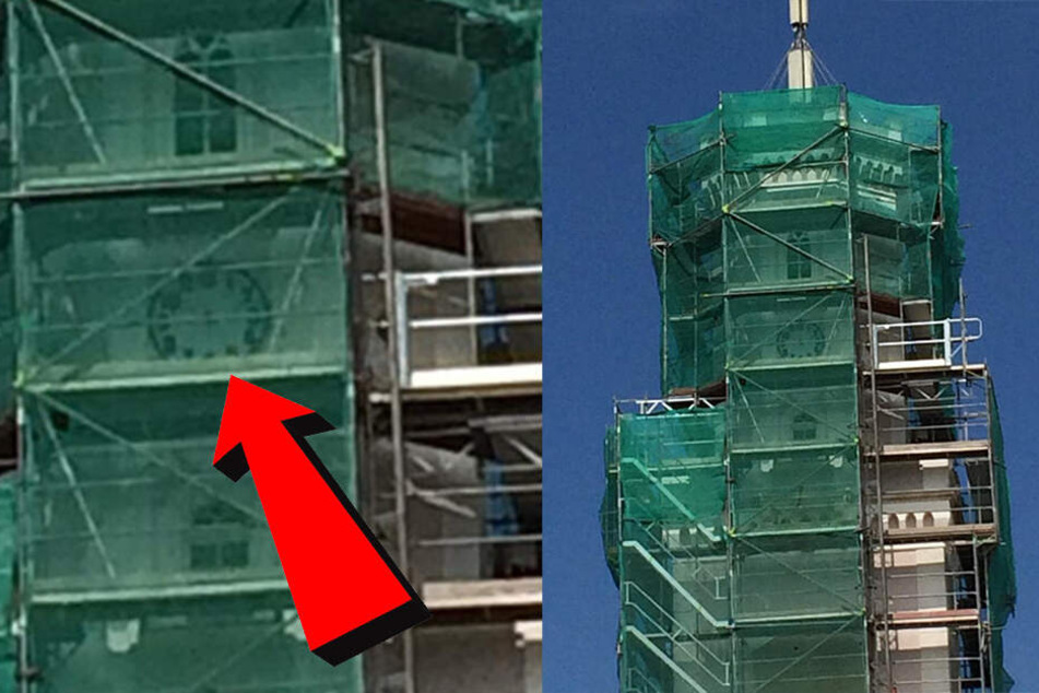 Der Turm des Schneeberger Rathauses wird derzeit saniert. Das Baugerüst half den Tätern wahrscheinlich dabei, die Zeiger der Uhr abzuflexen.