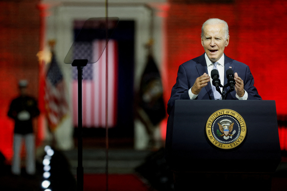 President Joe Biden delivers remarks on what he calls the "continued battle for the Soul of the Nation" in front of Independence Hall in Philadelphia, Pennsylvania.
