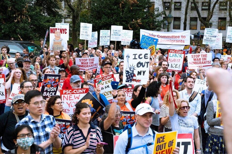 Thousands gather in Foley Square to protest immigration policy and forced deportations in an ICE out of New York protest in New York City on September 25, 2025.