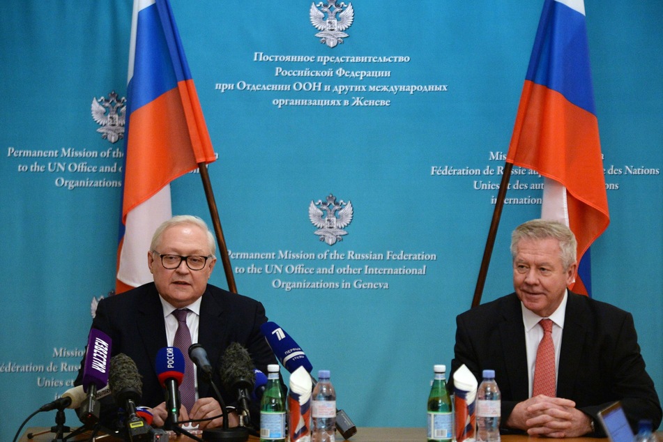 Russian Deputy Foreign Minister Sergei Ryabkov (l.) and Russian permanent representative to the UN office Gennady Gatilov (r.) spoke to the media during a briefing following the talks on security guarantees between Russia and the United States on Monday.