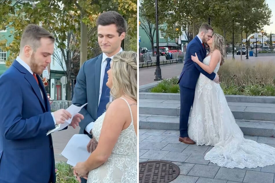Pareja celebra ceremonia de boda en el parque: Pero con un invitado nadie contaba