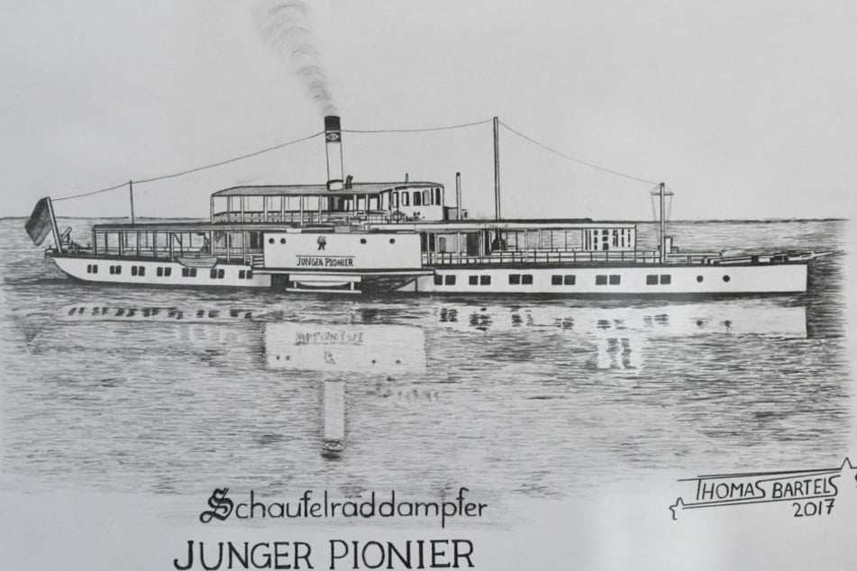 Die Zeichnung von Thomas Bartels zeigt das Dampfschiff "Junger Pionier", das 2001 verschrottet wurde.