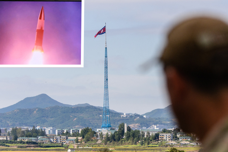 In response to a missile fired from North Korea that flew over Japan on Tuesday (inset), the US and South Korean military fired four missiles themselves.