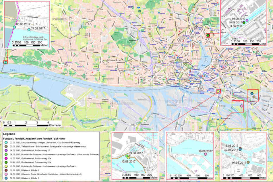 Die Karte zeigt die zehn Fundorte in ganz Hamburg.
