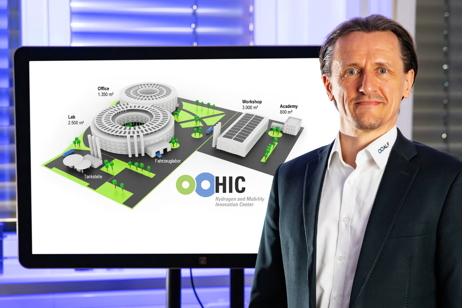 Prof. Dr. Thomas von Unwerth (TU Chemnitz) ist Initiator der sächsischen Bewerbung vor einer Ansicht des „Hydrogen and Mobility Innovation Center“ (HIC).